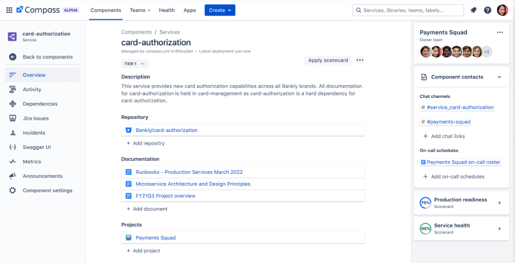 Atlassian compass dasboard